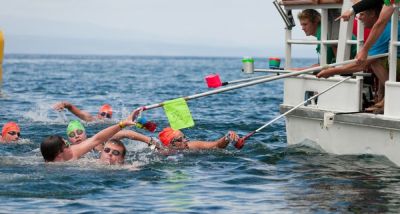 Philip Ryan leading as swimmers complete their food stop